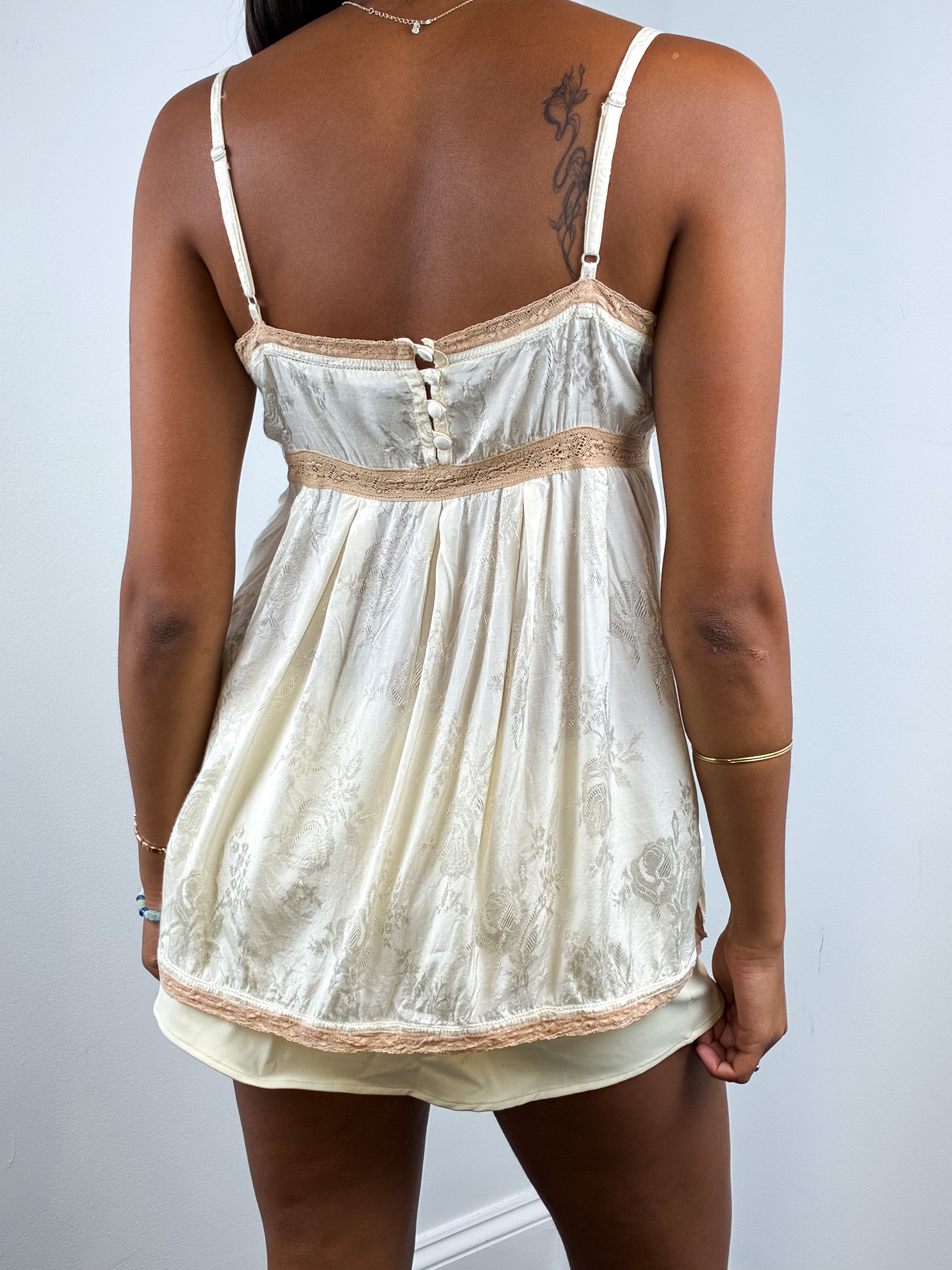 Twin-Set 2000s Cream Floral Jacquard Lace Trim Babydoll Cami Top - XS