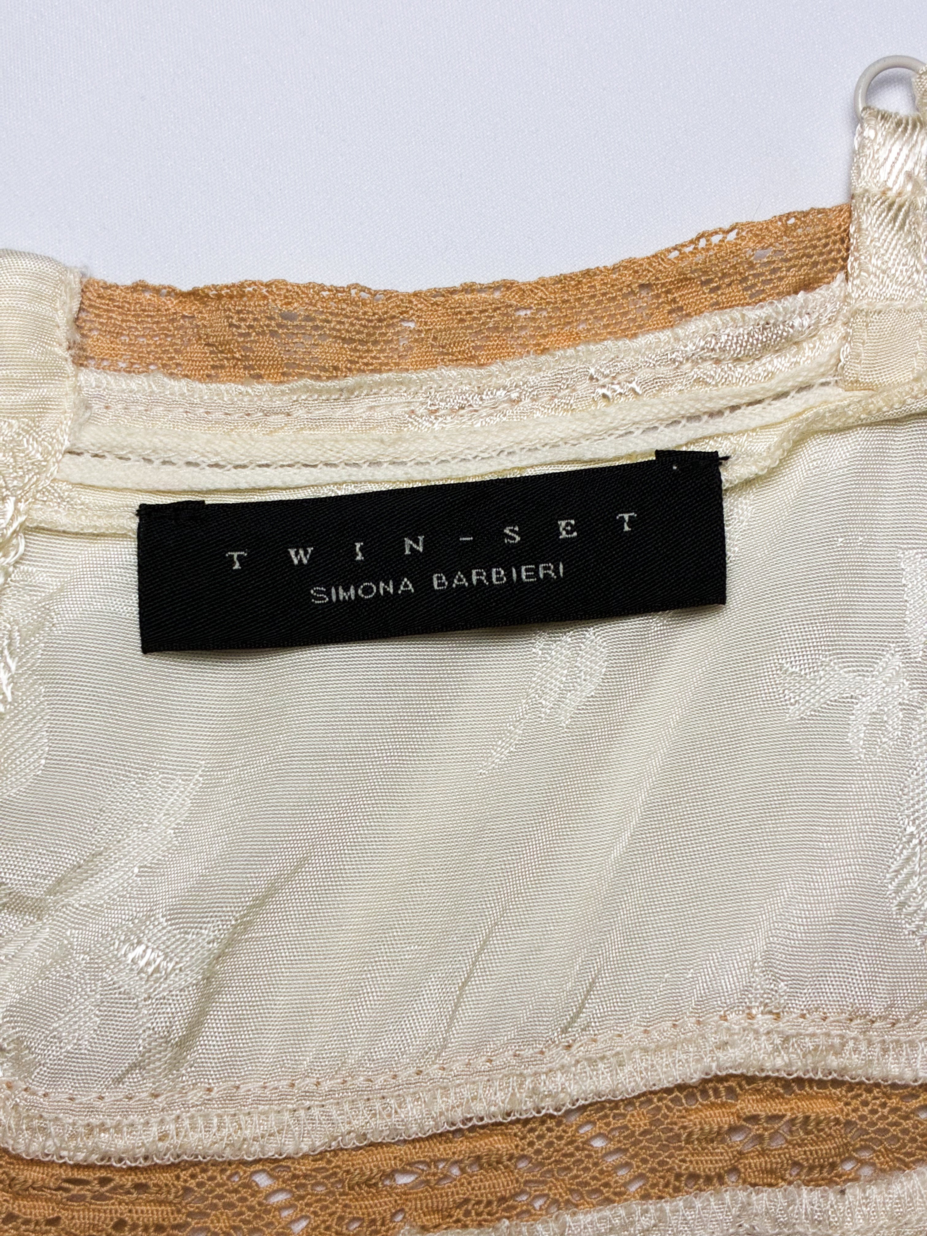 Twin-Set 2000s Cream Floral Jacquard Lace Trim Babydoll Cami Top - XS