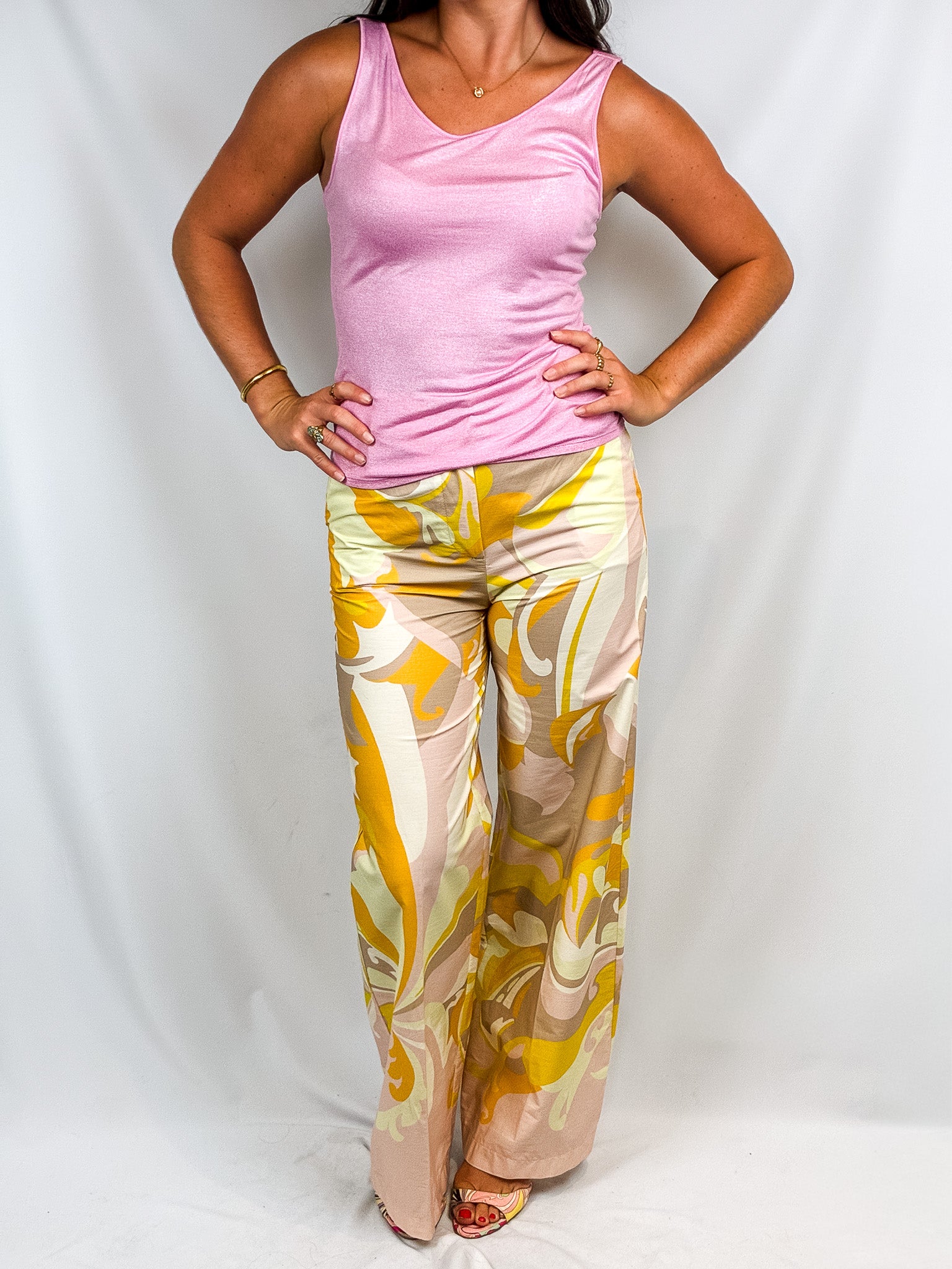 Le Streghe 2000s Yellow Psychedelic Swirl Wide-Leg Trousers - W28