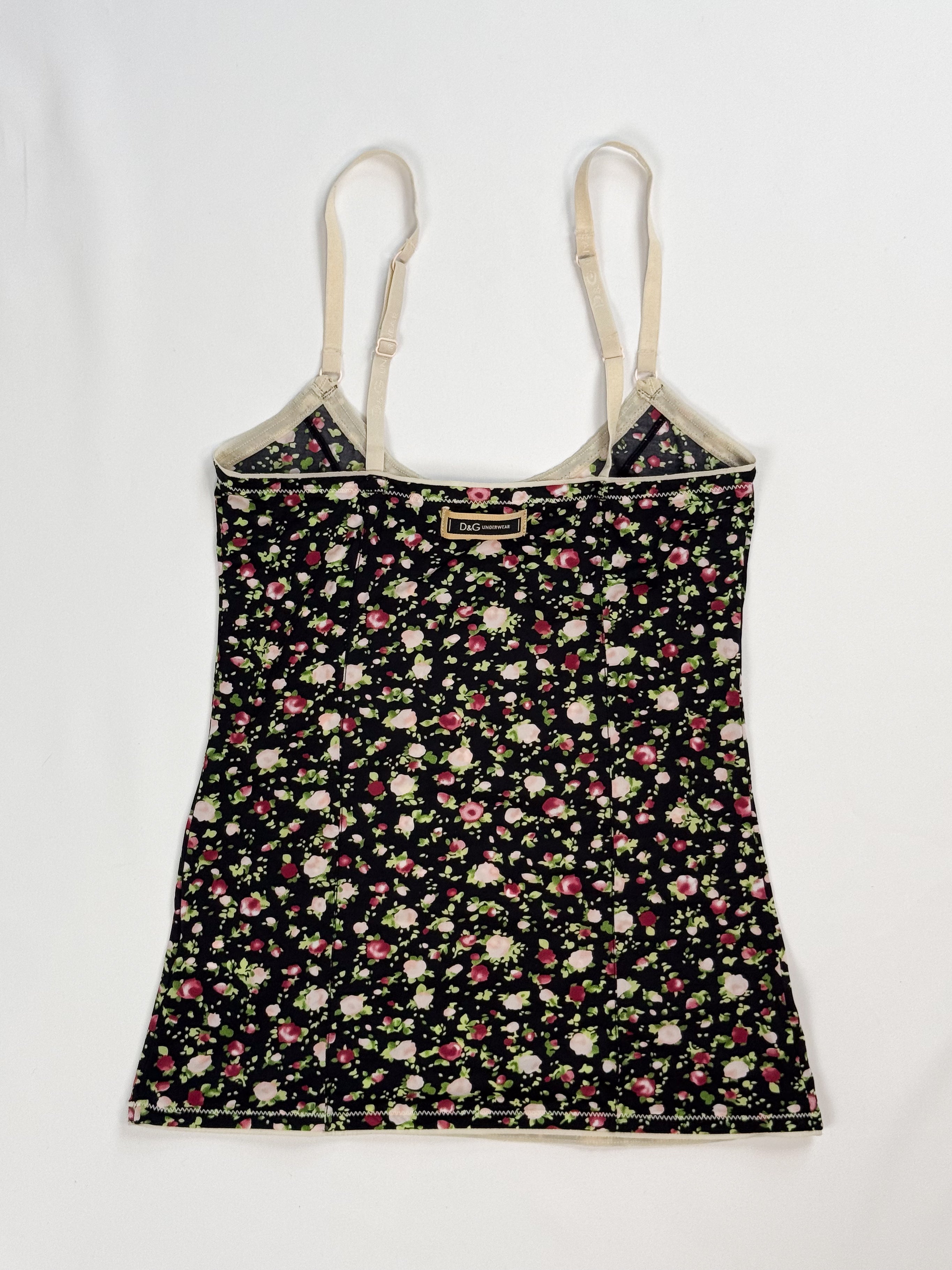 D&G Dolce & Gabbana 2000s Black Ditsy Rose Print Cami - XS-S