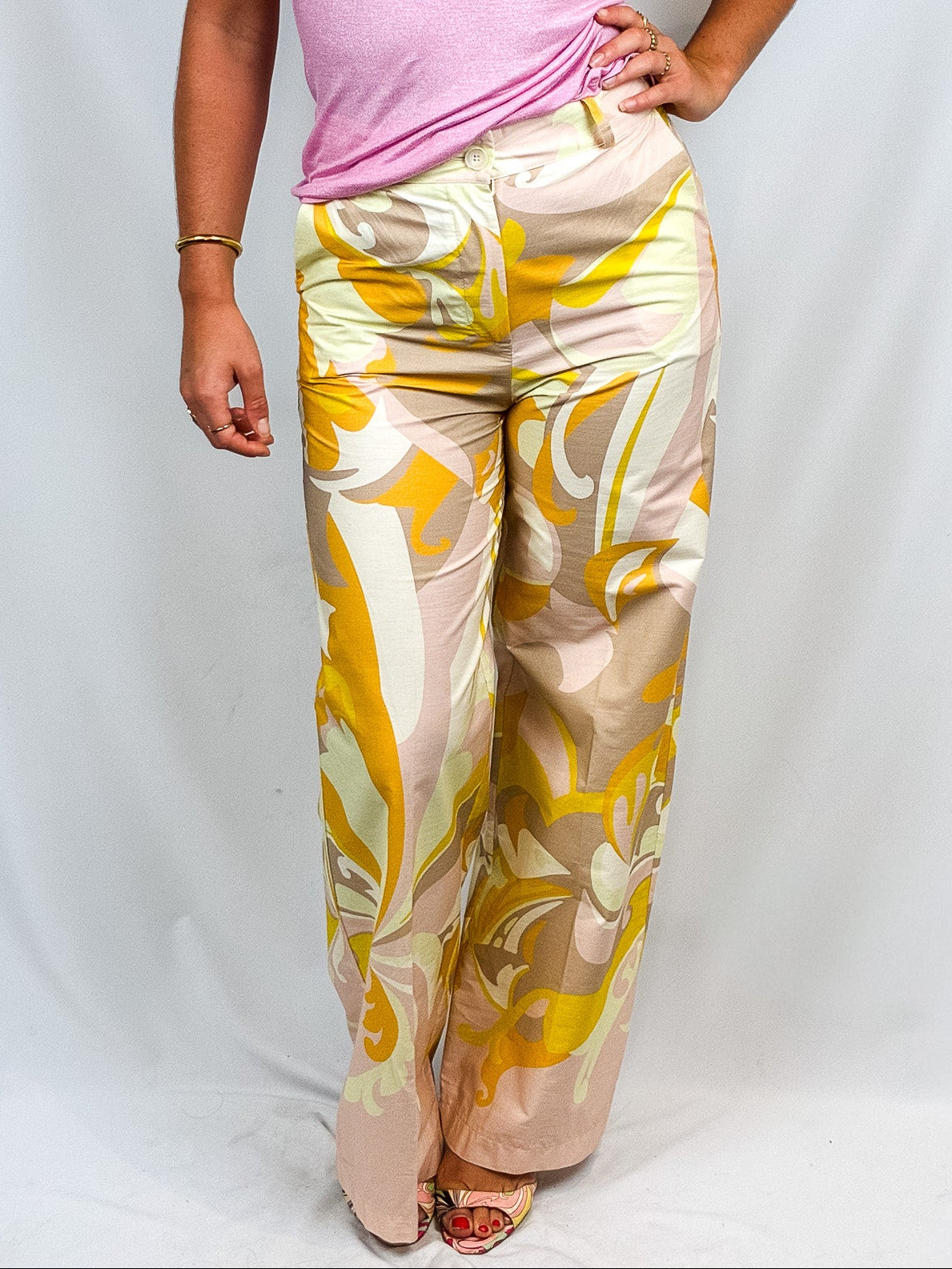 Le Streghe 2000s Yellow Psychedelic Swirl Wide-Leg Trousers - W28