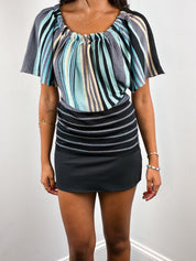 Fornarina 2000s Blue Metallic Striped Flutter Sleeve Top - S