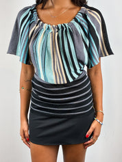 Fornarina 2000s Blue Metallic Striped Flutter Sleeve Top - S
