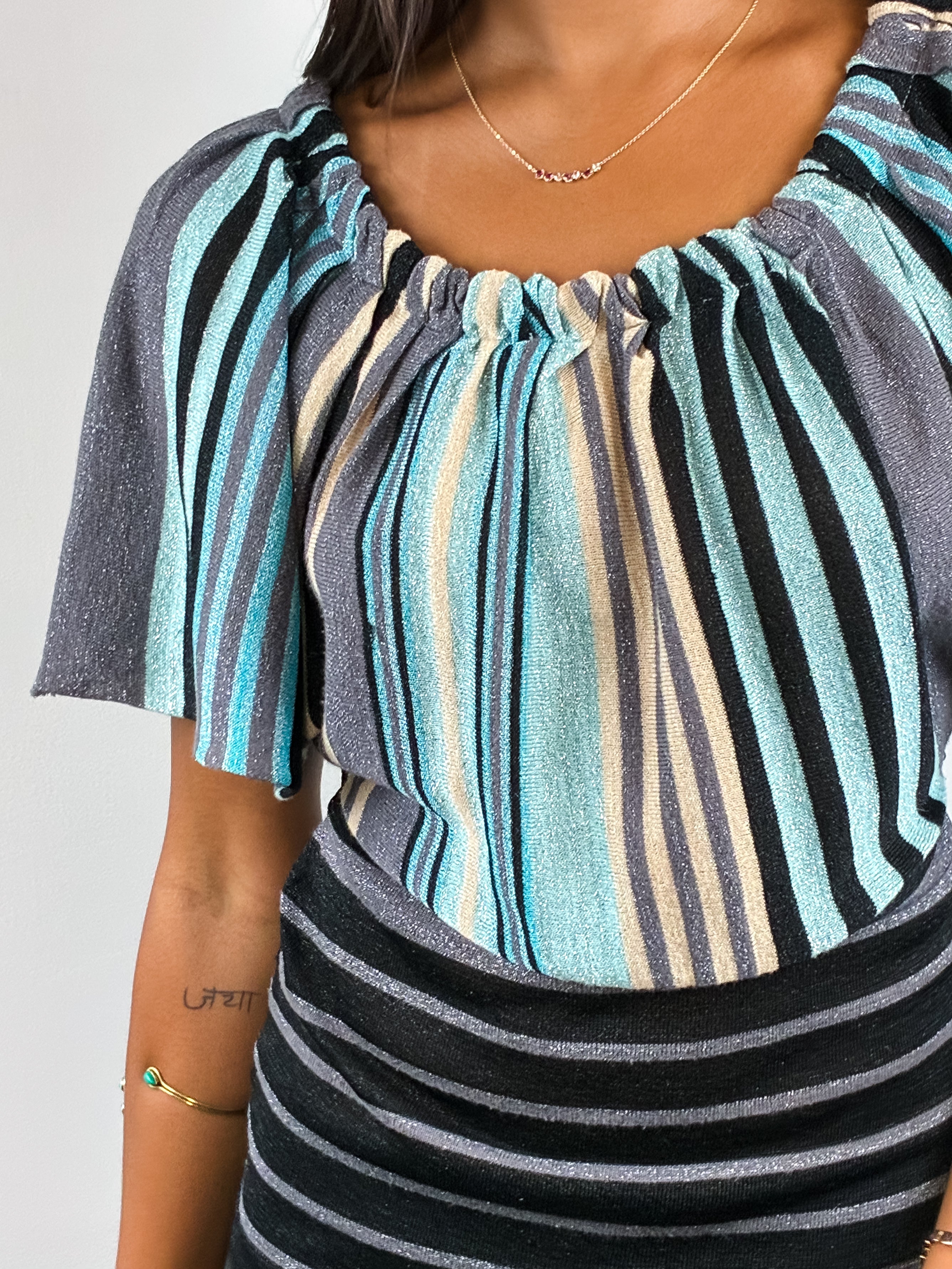 Fornarina 2000s Blue Metallic Striped Flutter Sleeve Top - S