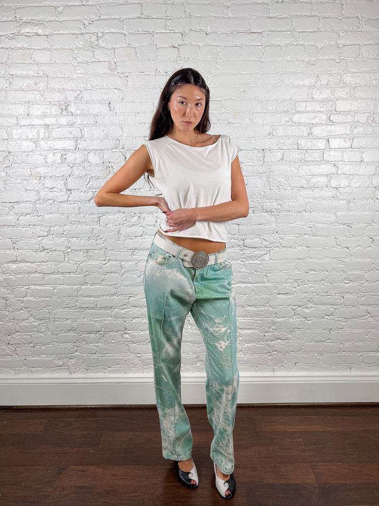 Roberto Cavalli 2003 Seafoam Wave-Print Low-Rise Jeans