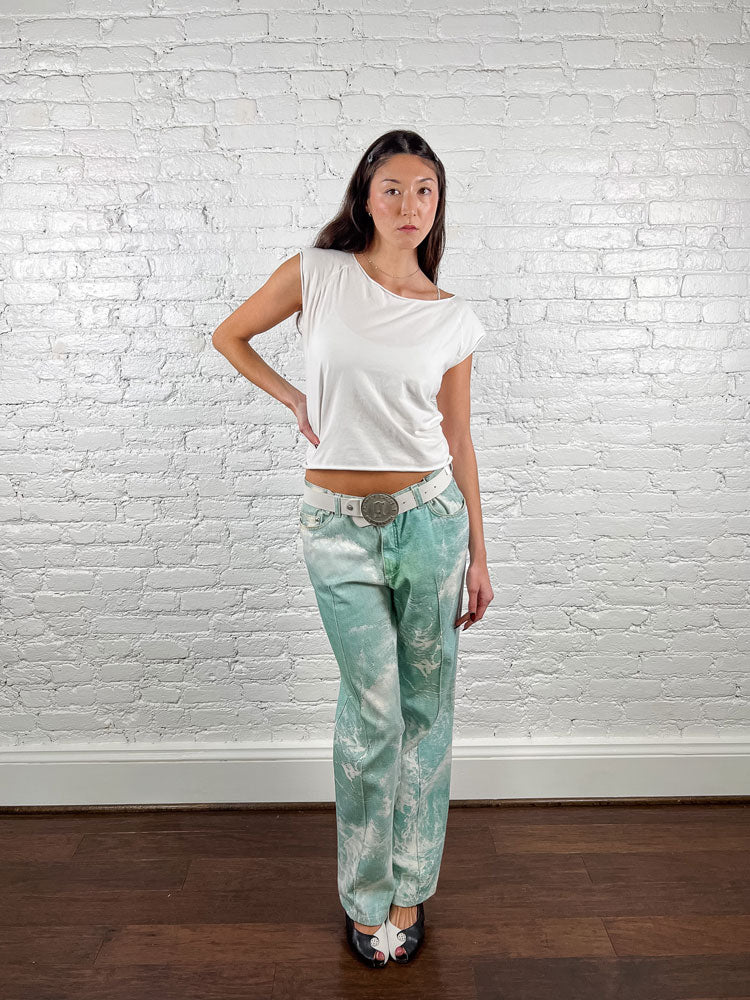 Roberto Cavalli 2003 Seafoam Wave-Print Low-Rise Jeans