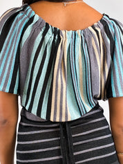 Fornarina 2000s Blue Metallic Striped Flutter Sleeve Top - S