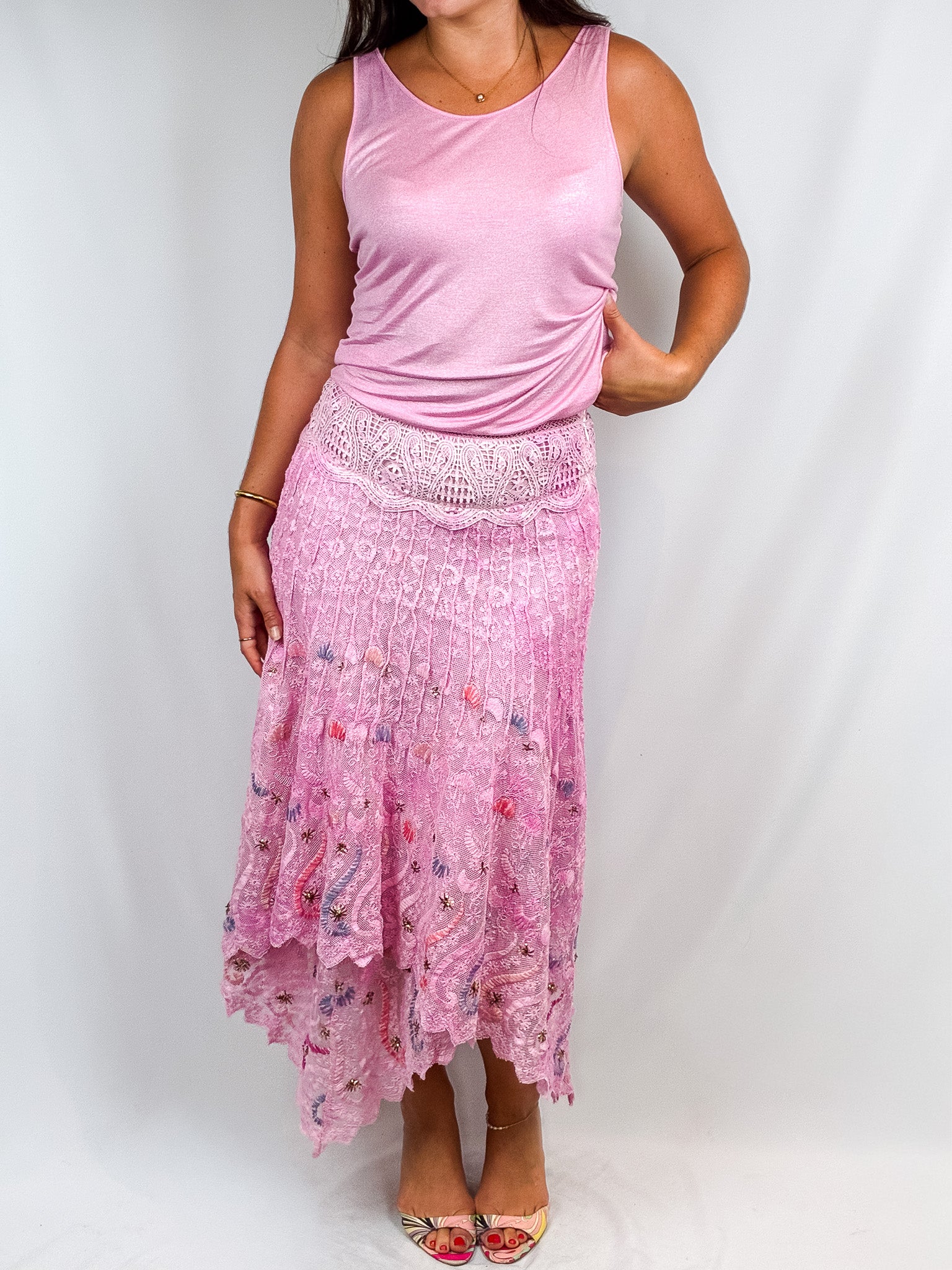 LoveShackFancy 2010s Beaded Lace Handkerchief-Hem Maxi Skirt - S/M