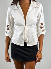 Roccobarocco 2000s White Cotton Rhinestone Cutwork Sleeve Blouse - S