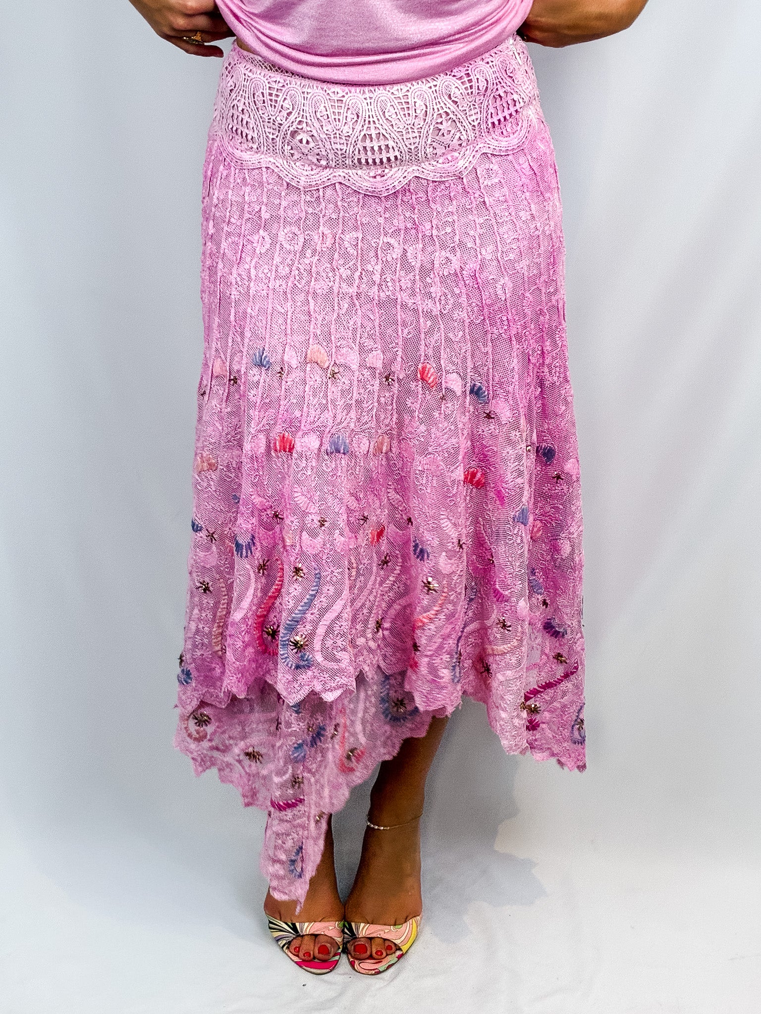 LoveShackFancy 2010s Beaded Lace Handkerchief-Hem Maxi Skirt - S/M