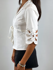 Roccobarocco 2000s White Cotton Rhinestone Cutwork Sleeve Blouse - S