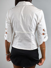 Roccobarocco 2000s White Cotton Rhinestone Cutwork Sleeve Blouse - S