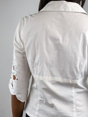 Roccobarocco 2000s White Cotton Rhinestone Cutwork Sleeve Blouse - S