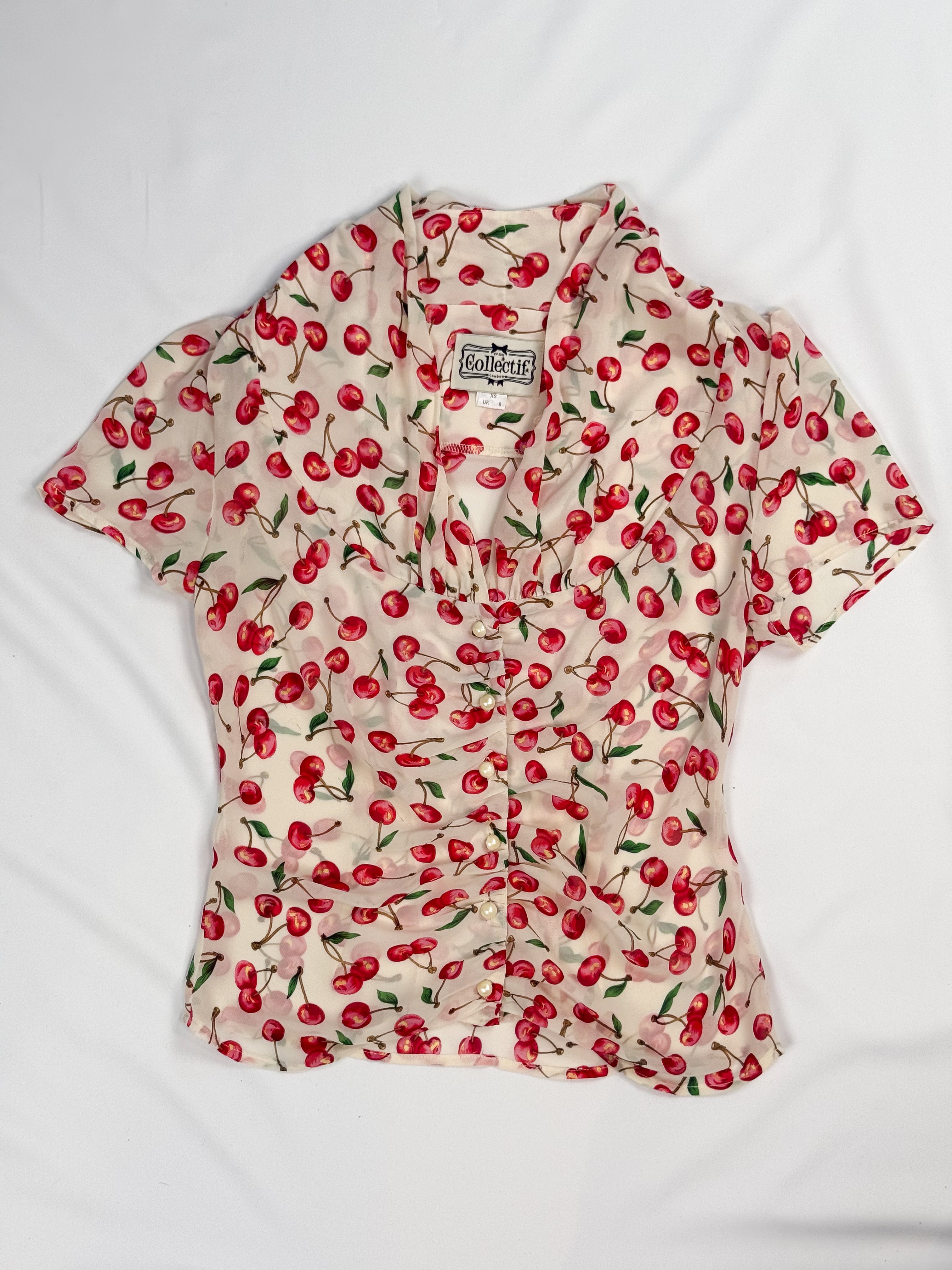 Collectif London Cherry Print Pearl Button Blouse - XS/S