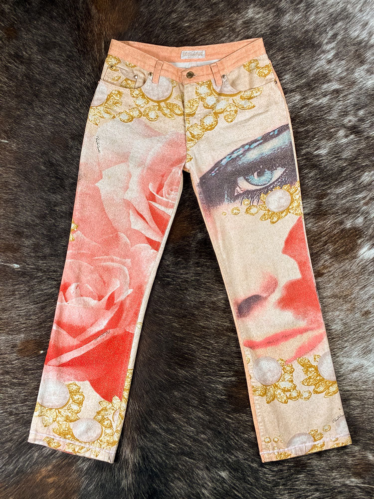 Roberto Cavalli 2001 Eye and Rose Printed Jeans