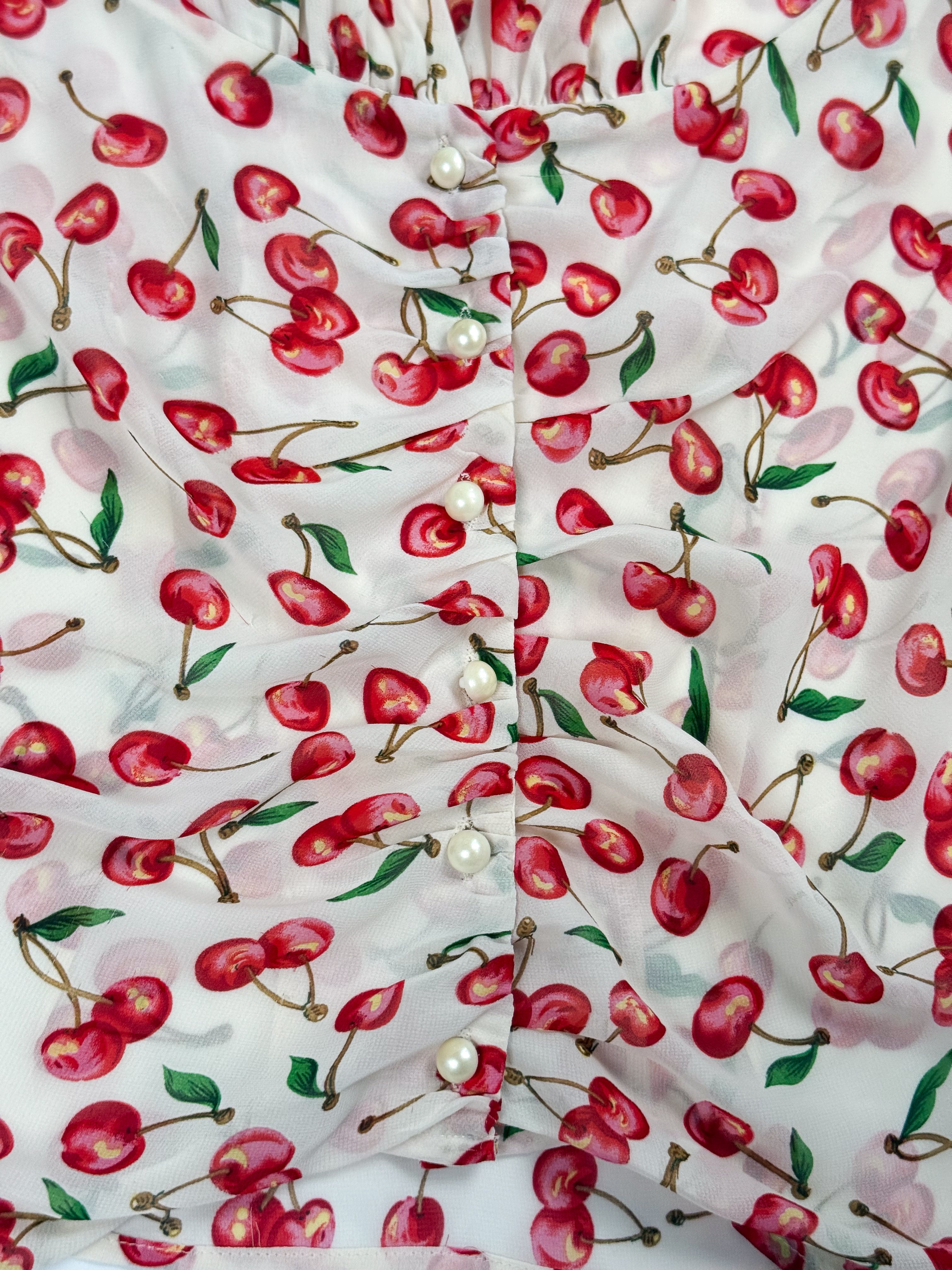 Collectif London Cherry Print Pearl Button Blouse - XS/S