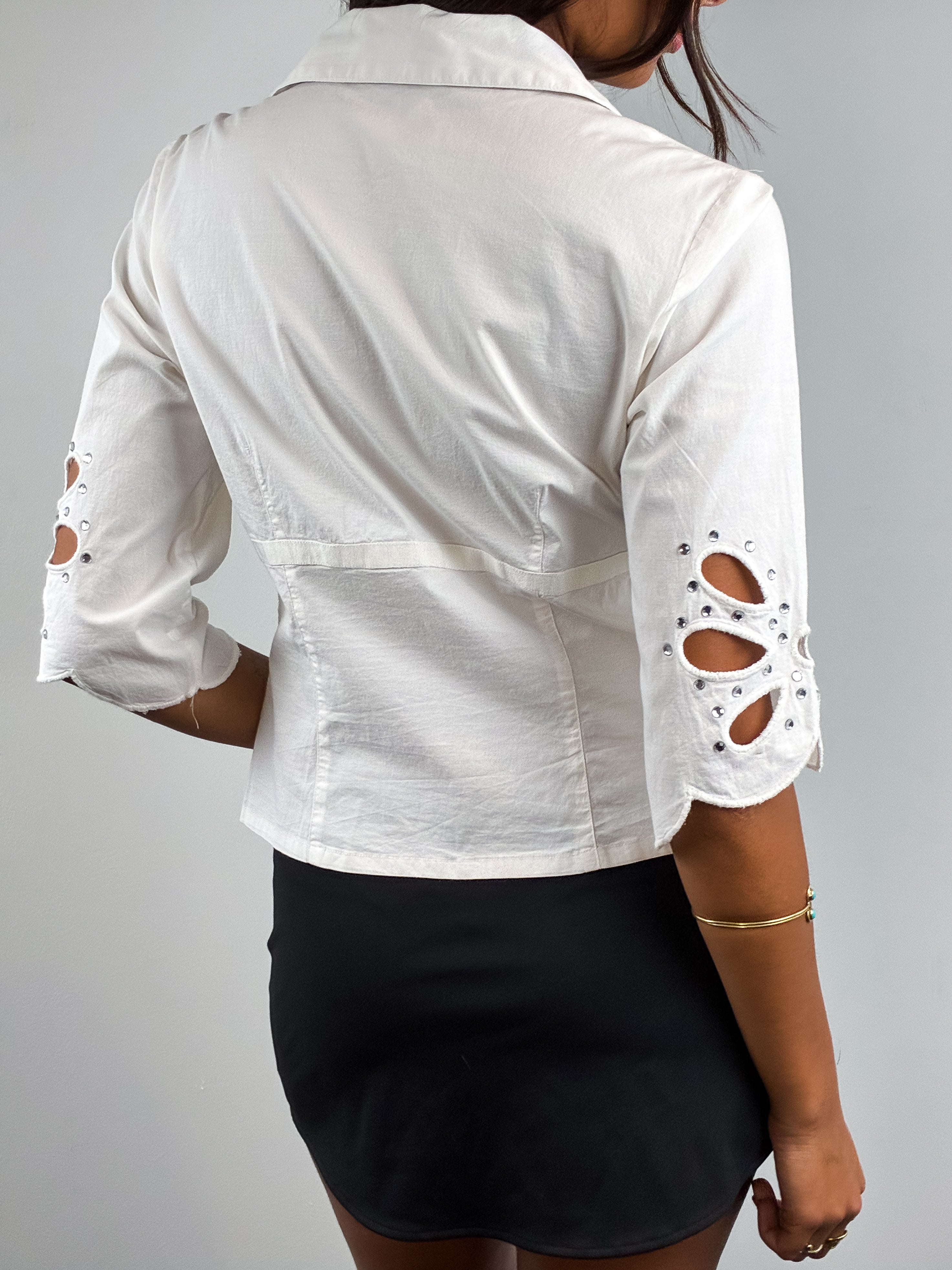 Roccobarocco 2000s White Cotton Rhinestone Cutwork Sleeve Blouse - S