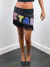 Pinko 2000s "STAR" Black Sequin Fringe Mini Skirt - S
