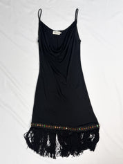Blumarine 2000s Black Cowl Neck Fringe Hem Mini Dress - S