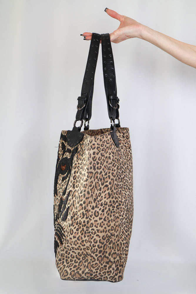 Gai Mattiolo Leopard Beaded Tote Bag