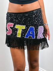 Pinko 2000s "STAR" Black Sequin Fringe Mini Skirt - S
