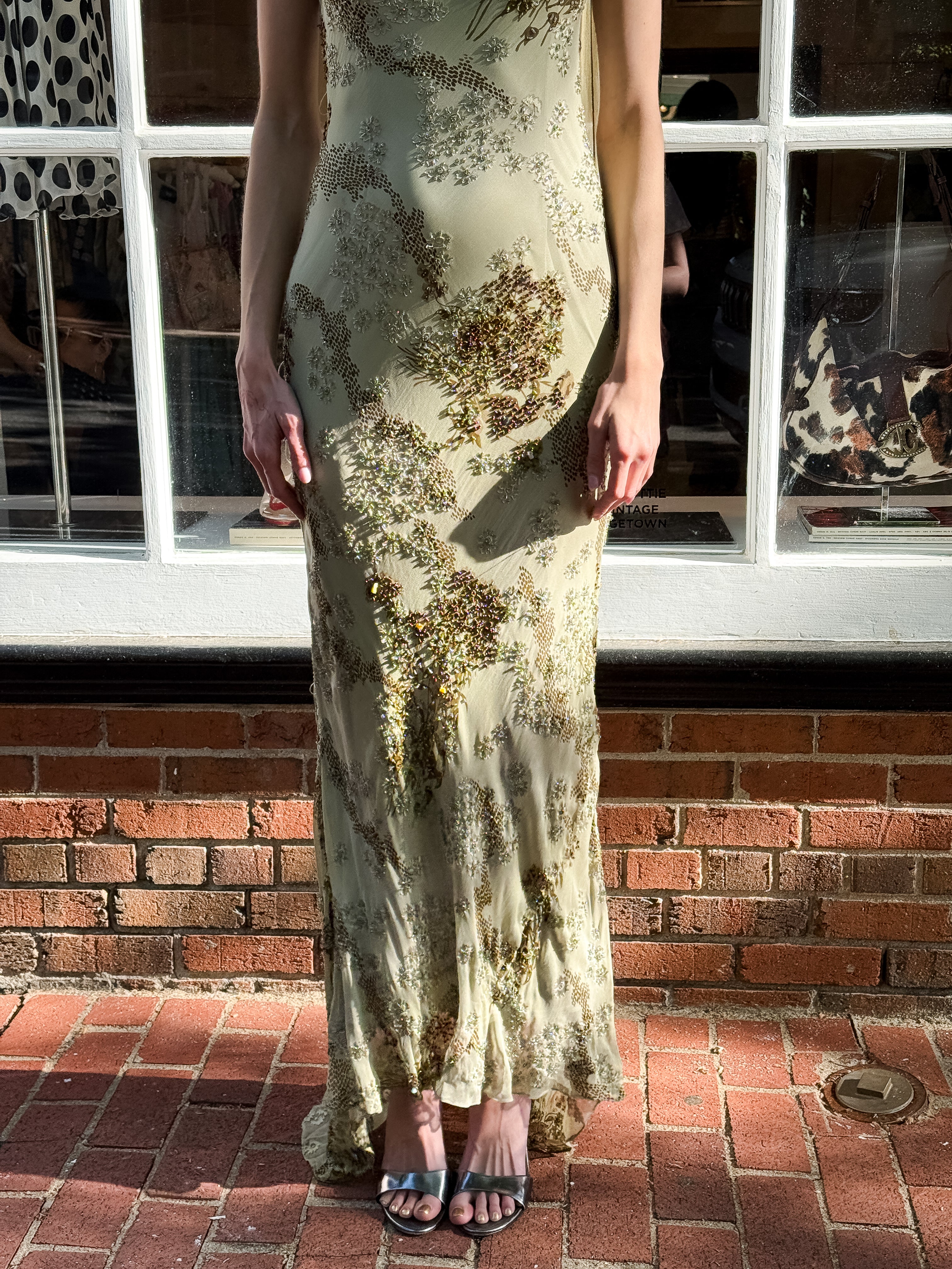 IA Top Fashion 2000s Sage Botanical Silk Beaded Gown with Scarf - S-L