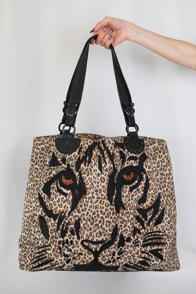 Gai Mattiolo Leopard Beaded Tote Bag