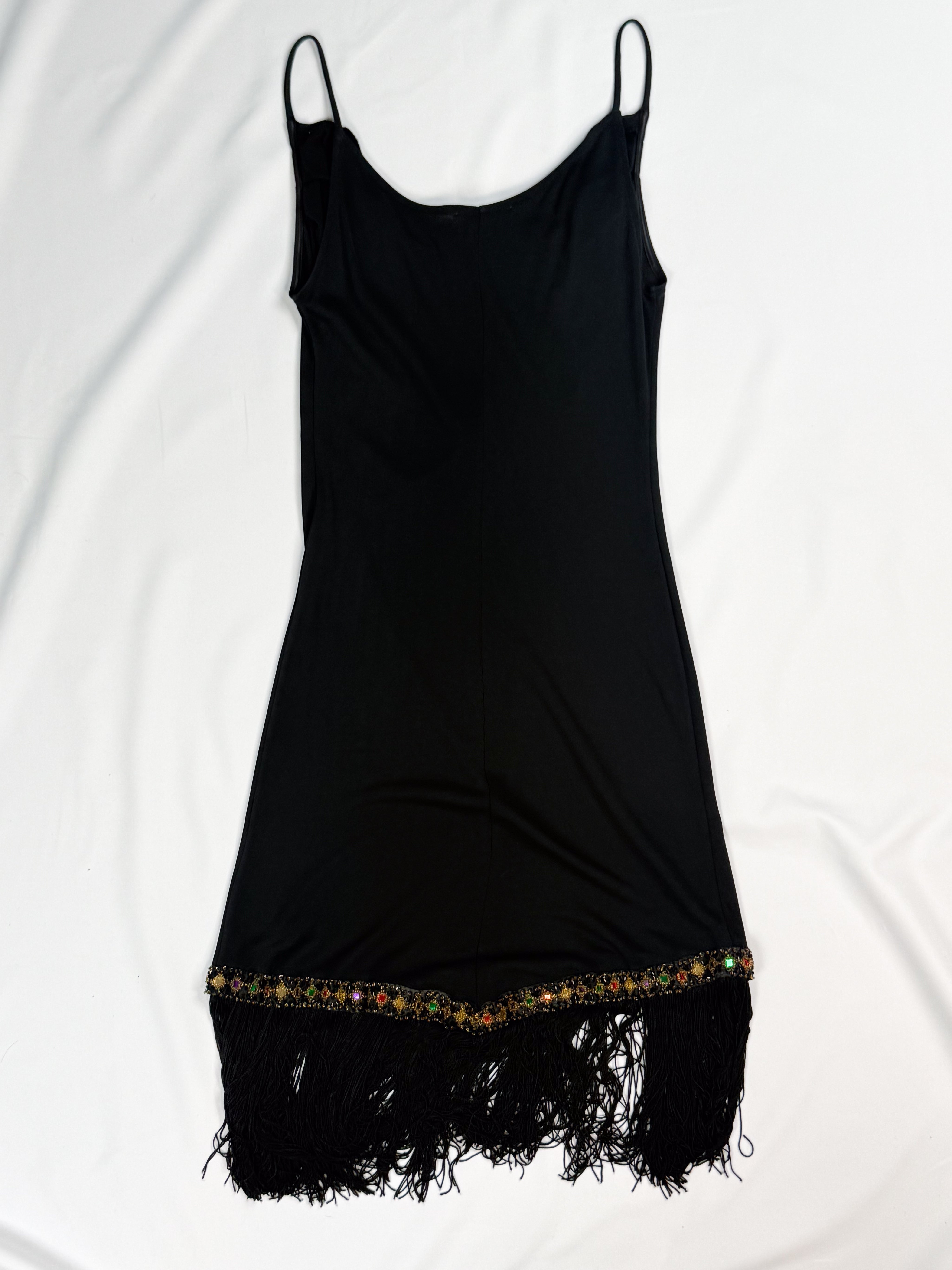Blumarine 2000s Black Cowl Neck Fringe Hem Mini Dress - S