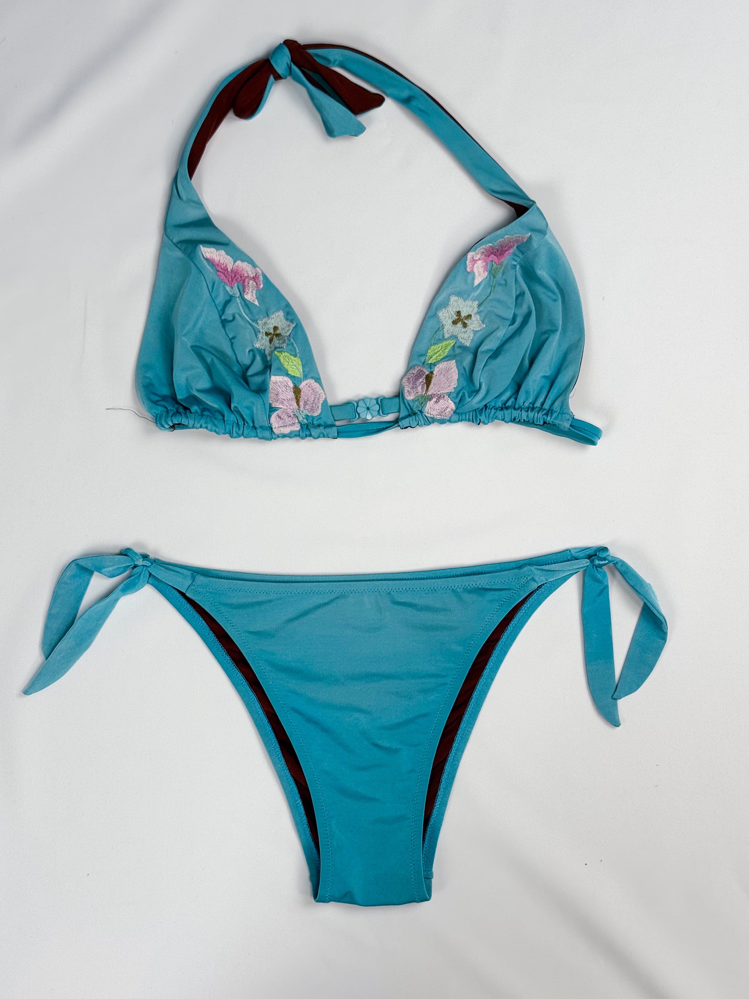 Tenera Carlotta 2000s Teal Embroidered Floral Halter Bikini Set - M