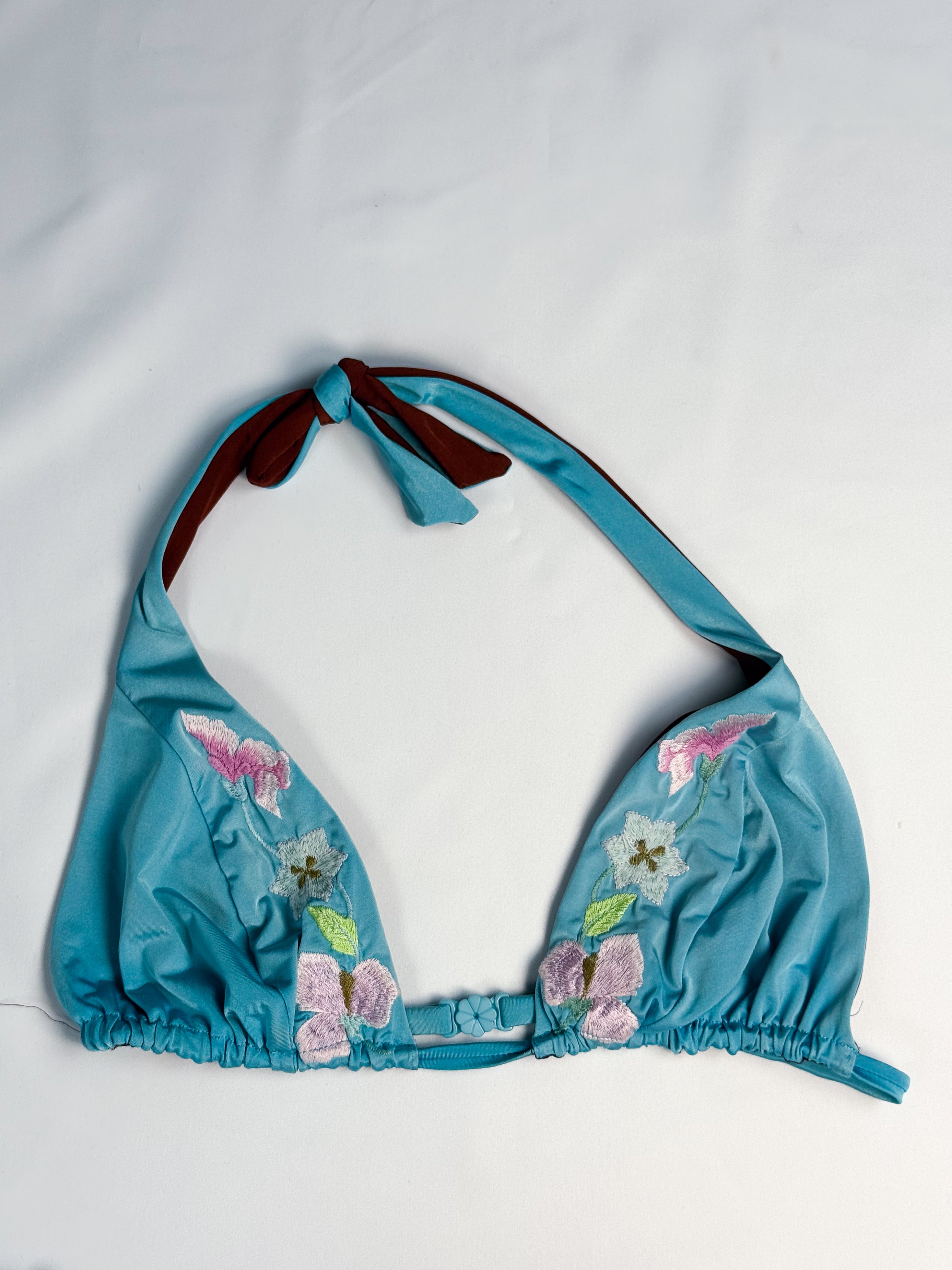 Tenera Carlotta 2000s Teal Embroidered Floral Halter Bikini Set - M