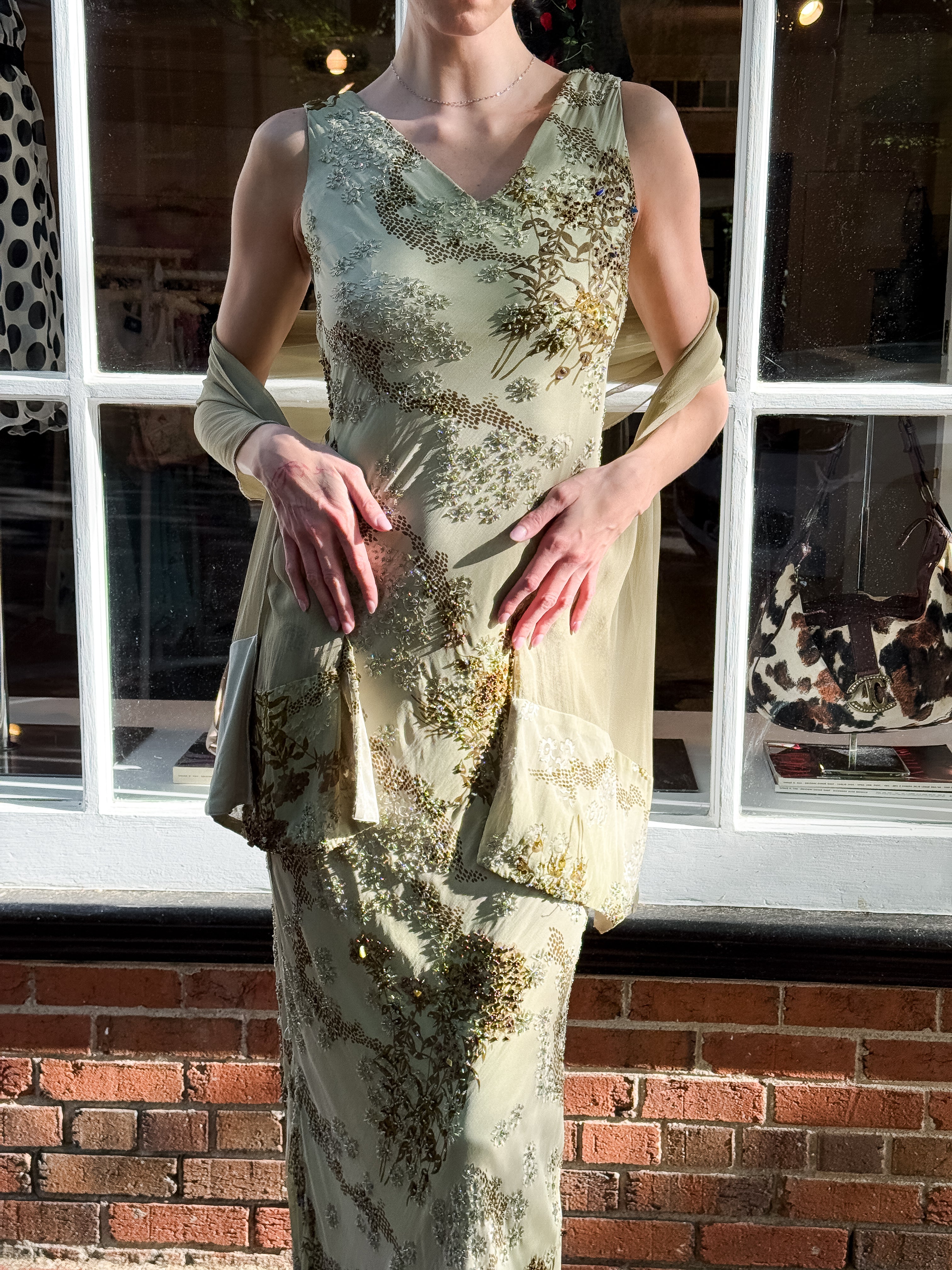 IA Top Fashion 2000s Sage Botanical Silk Beaded Gown with Scarf - S-L