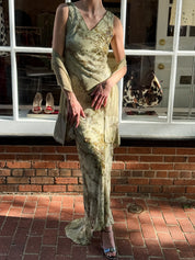 IA Top Fashion 2000s Sage Botanical Silk Beaded Gown with Scarf - S-L
