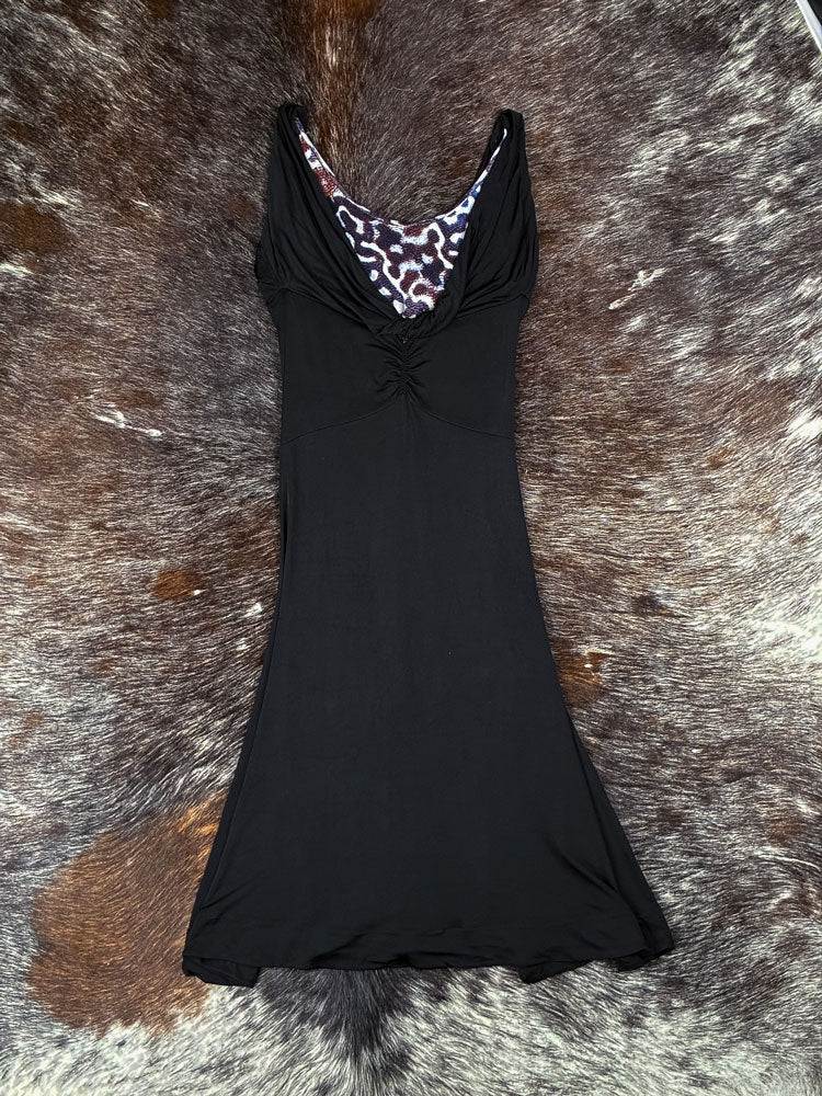 Just Cavalli 2000s Black Leopard-Lined Midi Dress