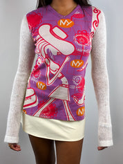 Custo Barcelona 2000s Purple Print Crochet Back Long Sleeve Top - S/M
