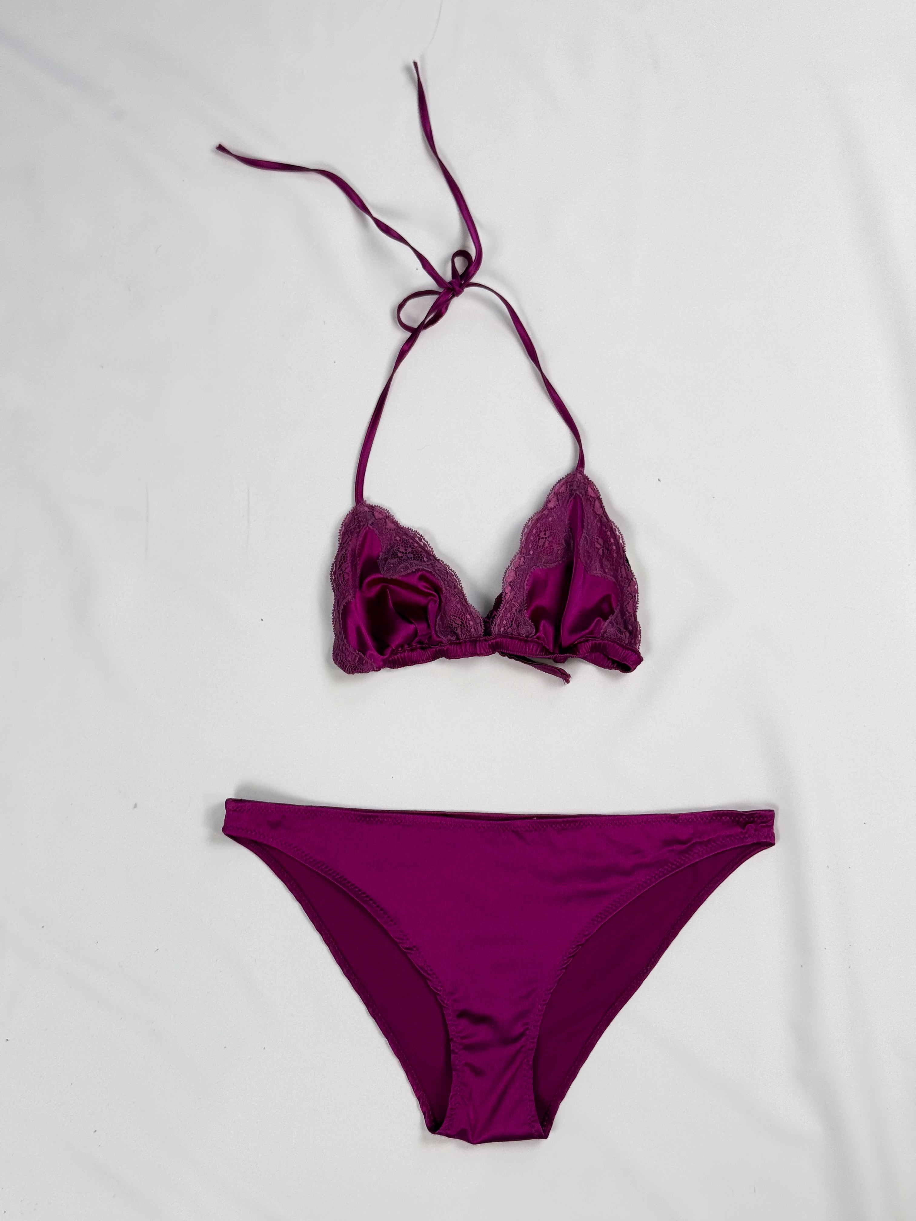 Blumarine 2000s Magenta Silk Lace Halter Bikini Set - XS Top - L Bottoms