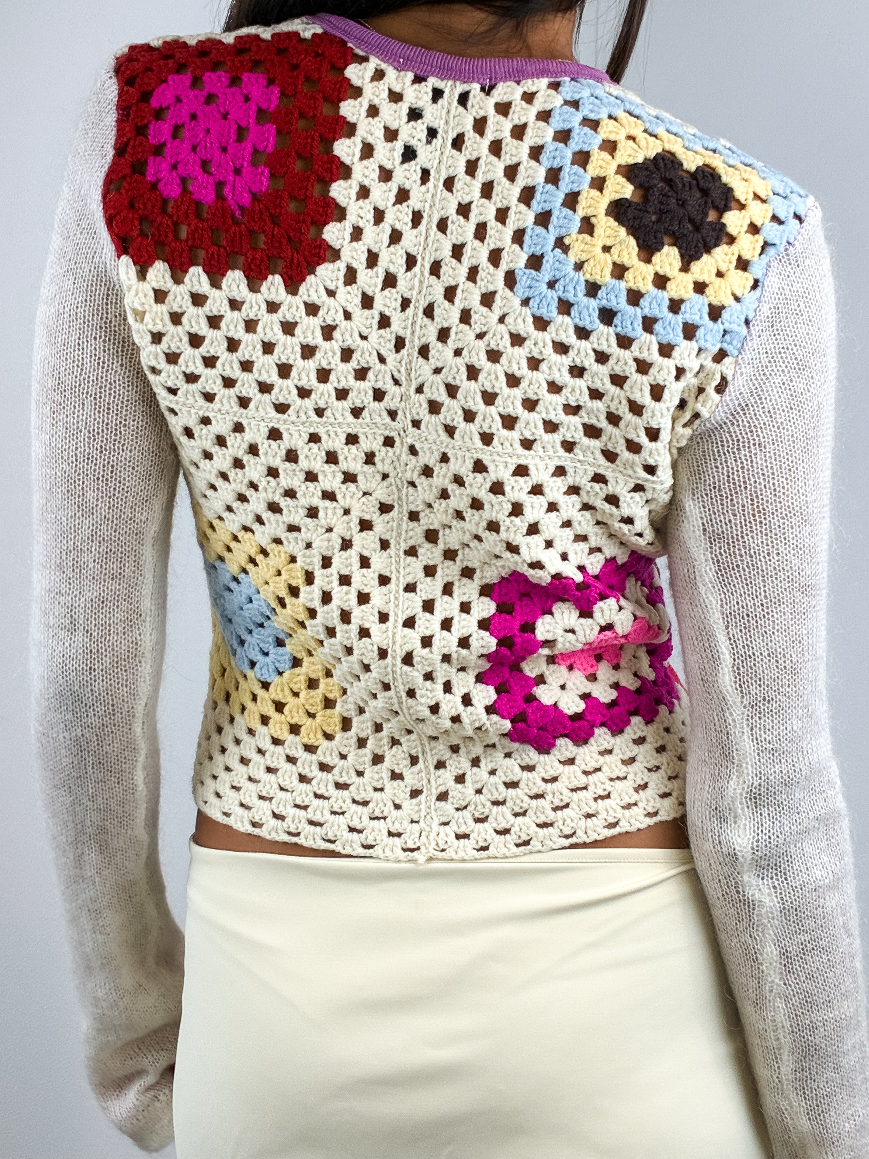Custo Barcelona 2000s Purple Print Crochet Back Long Sleeve Top - S/M