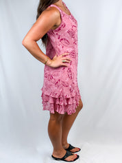 2000s Pink Rose Print Beaded Ruffle Hem Dress - S/M