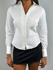 Naracamicie 2000s White Pintuck Zip Front Fitted Shirt - S