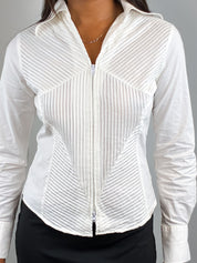 Naracamicie 2000s White Pintuck Zip Front Fitted Shirt - S