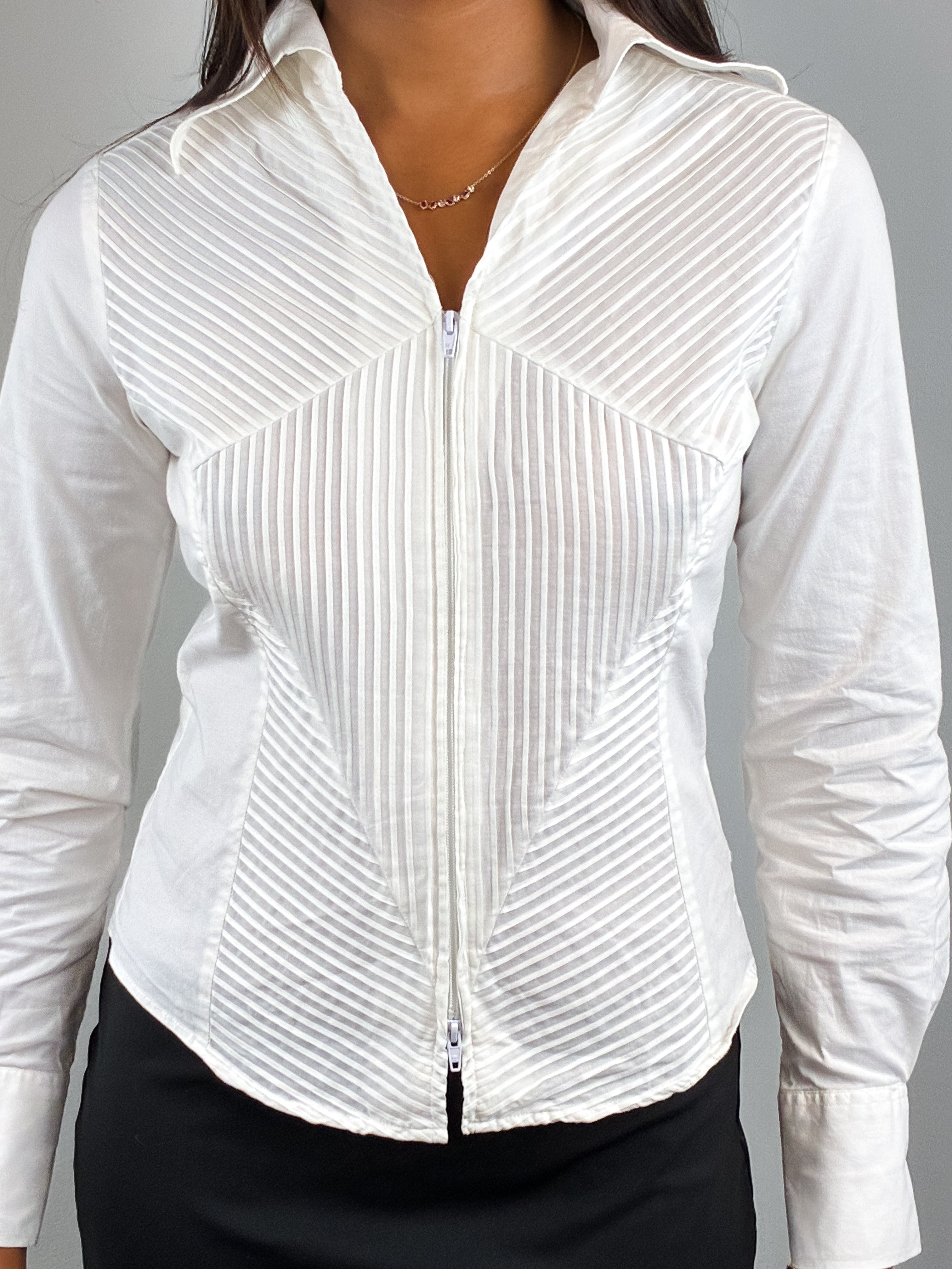 Naracamicie 2000s White Pintuck Zip Front Fitted Shirt - S