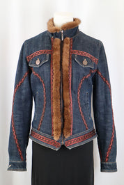 2000s Roccobarocco Denim Embroidered Fur Jacket – S