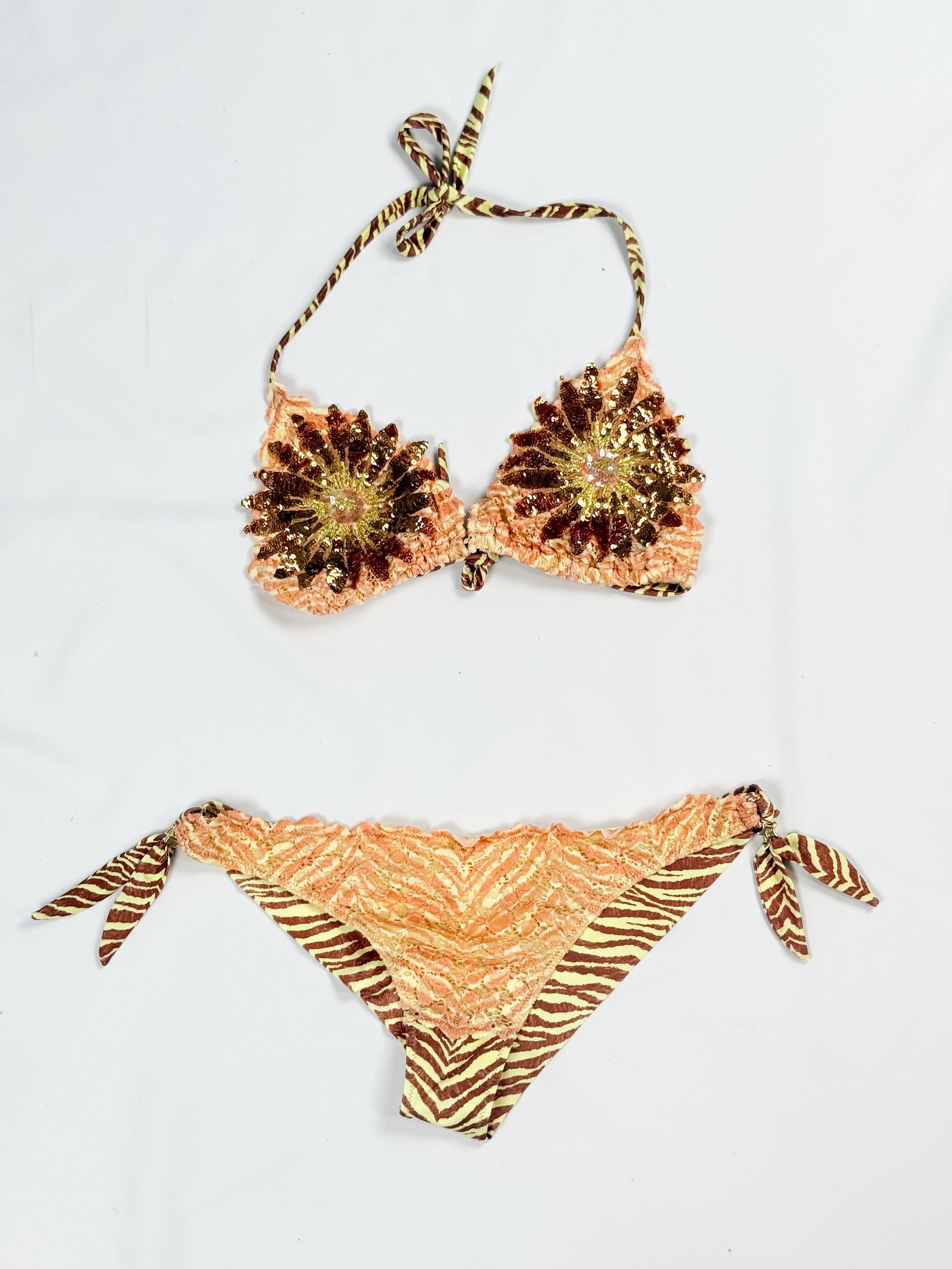 Pin-Up Stars 2000s Zebra Print Sequin Sunflower Halter Bikini Set