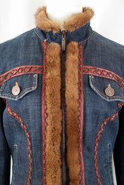 2000s Roccobarocco Denim Embroidered Fur Jacket – S