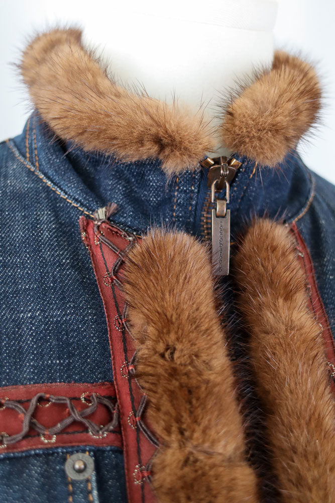 2000s Roccobarocco Denim Embroidered Fur Jacket – S