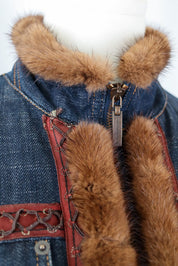 2000s Roccobarocco Denim Embroidered Fur Jacket – S