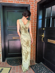 IA Top Fashion 2000s Sage Botanical Silk Beaded Gown with Scarf - S-L