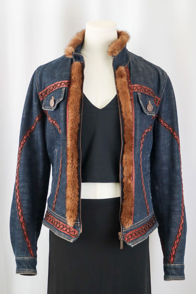 2000s Roccobarocco Denim Embroidered Fur Jacket – S