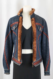 2000s Roccobarocco Denim Embroidered Fur Jacket – S