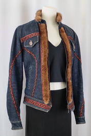 2000s Roccobarocco Denim Embroidered Fur Jacket – S