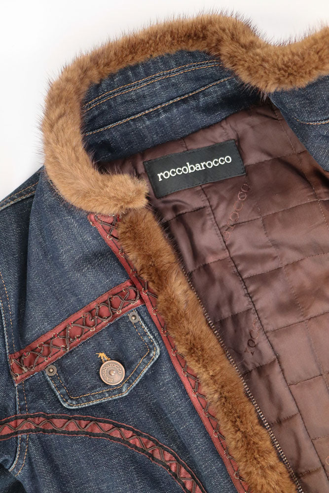 2000s Roccobarocco Denim Embroidered Fur Jacket – S